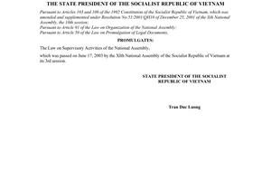 Order No. 14/2003/L-CTN of June 26, 2003, promulgating the law on supervisory activities of the National Assembly