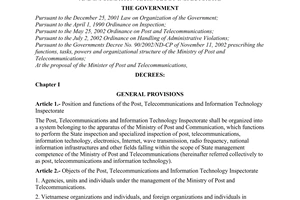 Decree No. 75/2003/ND-CP of June 26, 2003, on the organization and operation of the post, telecommunications and information technology inspectorate