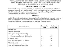 Decision No. 86/2003/QD-BTC of June 26, 2003, promulgating the price index which amends and supplements the price index promulgated together with the Finance Ministers Decision No. 149/2002/QD-BTC of December 9, 2002