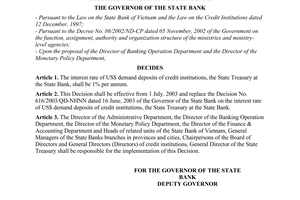 Decision No. 667/2003/QD-NHNN of June 26, 2003, on the interest rate of US$ demand deposits of credit institutions, the state treasury at the State Bank