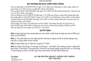 Quyết định 116/2003/QĐ-BBCVT cước dịch vụ điện thoại di động trả trước CDMA gói ECONOMY