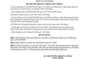 Quyết định 114/2003/QÐ-BBCVT Ban hành tạm thời cước điện thoại di động trả sau CDMA gói STANDARD