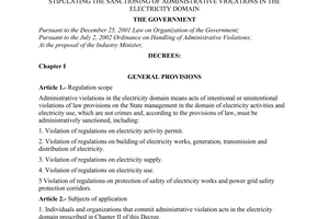 Decree No. 74/2003/ND-CP of June 26, 2003, stipulating the sanctioning of administrative violations in the electricity domain