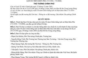 Quyết định 687/2003/QĐ-TTg thành lập Ban Chỉ đạo Nhà nước kỷ niệm 50 năm Chiến thắng lịch sử Điện Biên Phủ 7/5/1954 - 7/5/2004