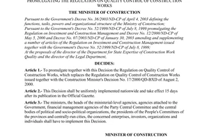 Decision No. 18/2003/QD-BXD of June 27, 2003, promulgating the regulation on quality control of construction works