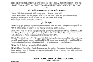 Quyết định 476/QĐ-BBCVT cho phép triển khai cung cấp dịch vụ điện thoại Internet loại hình PC-to-PC trong nước quốc tế PC-to-Phone chiều đi quốc tế