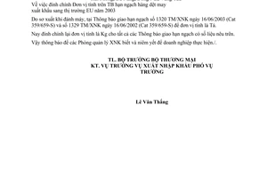 Công văn 1728TM/XNK đính chính Đơn vị tính trên TB hạn ngạch hàng dệt may xuất khẩu sang thị trường EU 2003