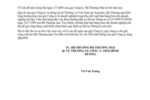 Công văn 3232/TM/CATBD bán dây kéo từ KCX vào nội địa