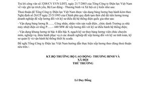 Công văn 2548/LĐTBXH-TL xếp lương đối với kỹ sư điều độ hệ thống điện quốc gia