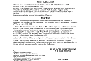 Decree No. 78/2003/ND-CP of July 1, 2003, on promulgating the Vietnam's products and tariff rates to implement the Common Effective Preferential Tariff scheme (CEPT) for Asean Free Trade Area (AFTA) for years 2003-2006.
