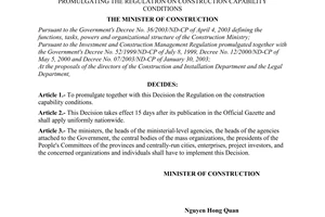 Decision No. 19/2003/QD-BXD of July 03, 2003, promulgating the regulation on construction capability conditions