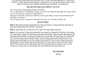 Quyết định 1944/2003/QĐ-BGTVT Quy chế quản lý, sử dụng, khai thác đảm bảo an toàn giao thông đường Hồ Chí Minh - giai đoạn 1