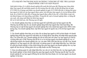 Thông báo 1766/TM-XNK trả lại hạn ngạch cho vay hạn ngạch