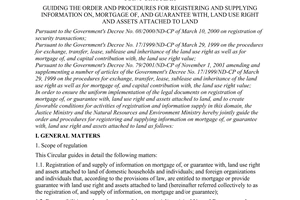 Joint circular No. 03/2003/TTLT-BTP-BTNMT of July 04, 2003, guiding the order and procedures for registering and supplying information on, mortgage of, and guarantee with, land use right and assets attached to land