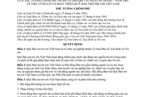 Quyết định 135/2003/QĐ-TTg  củng cố phát triển Quỹ Bảo trợ trẻ em Việt Nam