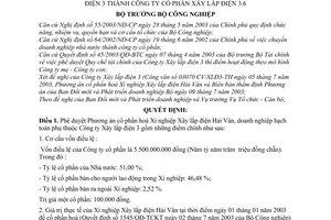 Quyết định 119/2003/QĐ-BCN chuyển Xí nghiệp Xây lắp điện Hải Vân thuộc Công ty Xây lắp điện 3 thành Công ty cổ phần Xây lắp điện 3.6