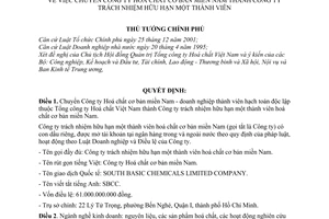 Quyết định 138/2003/QĐ-TTg chuyển Công ty Hoá chất cơ bản miền Nam thành Công ty trách nhiệm hữu hạn 1 thành viên