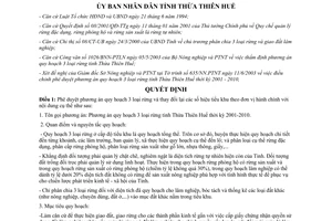 Quyết định 1921/2003/QĐ-UB phê duyệt phương án quy hoạch 3 loại rừng Thừa Thiên Huế 2001 2010
