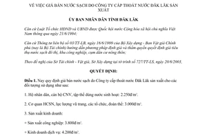 Quyết định 86/2003/QĐ-UB giá bán nước sạch Công ty cấp thoát nước Đắk Lắk sản xuất