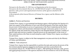 Decree No. 82/2003/ND-CP of July 18, 2003, prescribing the functions, tasks, powers and organizational structure of Vietnam News Agency