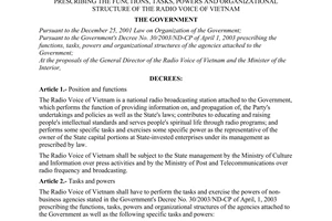 Decree No. 83/2003/ND-CP of July 18, 2003, prescribing the functions, tasks, powers and organizational structure of the radio voice of Vietnam