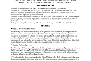 Decree No. 85/2003/ND-CP of July 18, 2003, prescribing the functions, tasks, powers and organizational structure of the Ministry of Education and Training
