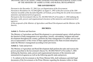 Decree No. 86/2003/ND-CP of July 18, 2003, defining the functions, tasks, powers and organizational structure of the Ministry of Agriculture and Rural Development