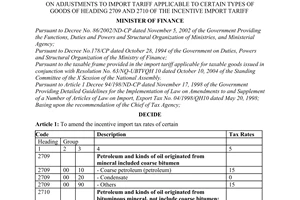 Decision No. 95/2003/QD-BTC of July 18, 2003, on adjustments to import tariff applicable to certain types of goods of heading 2709 and 2710 of the incentive import tariff