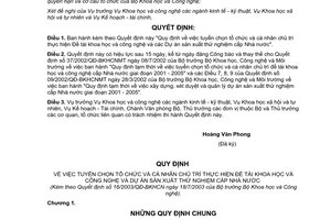 Quyết định16/2003/QĐ-BKHCN tuyển chọn tổ chức cá nhân chủ trì thực hiện Đề tài khoa học và công nghệ và Dự án sản xuất thử nghiệm cấp Nhà nước