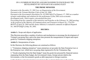 Decision No. 149/2003/QD-TTg of July 21, 2003, on a number of policies and mechanisms to encourage the development of Vietnam’s sea-going fleet