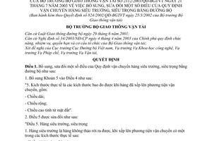 Quyết định 2112/2003/QĐ-BGTVT sửa đổi quy định vận chuyển hàng siêu trường, siêu trọng bằng đường bộ