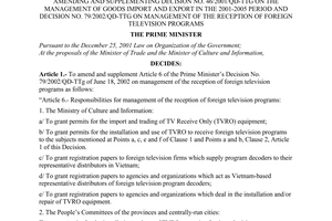 Decision No. 150/2003/QD-TTg of July 22, 2003, amending and supplementing Decision No. 46/2001/QD-TTg on the management of goods import and export in the 2001-2005 period and Decision No. 79/2002/QD-TTg on management of the reception of foreign television programs