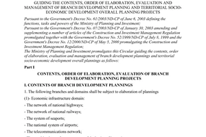 Circular No. 05/2003/TT-BKH of July 22, 2003, guiding the contents, order of elaboration, evaluation and management of branch development planning and territorial socio-economic development overall planning projects
