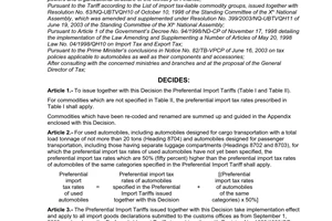 Decision No. 110/2003/QD-BTC of July 25, 2003, promulgating the preferential import tariffs.