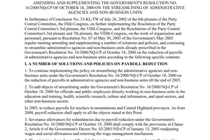 Resolution No. 09/2003/NQ-CP of July 28, 2003, amending and supplementing the Government's Resolution No. 16/2000/NQ-CP of October 18, 2000 on the streamlining of administrative agencies and non-business units