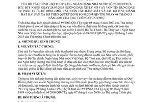 Thông tư liên tịch 70/2003/TTLT-BTC-BTS-NHNN hướng dẫn xử lý nợ vay vốn tín dụng đóng mới cải hoán tàu đánh bắt hải sản xa bờ hướng dẫn 89/2003/QĐ-TTg
