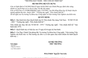 Quyết định 21/2003/QĐ-BXD Tiêu chuẩn xây dựng Việt Nam TCXD VN 60 : 2003 "Trường dạy nghề - Tiêu chuẩn thiết kế"