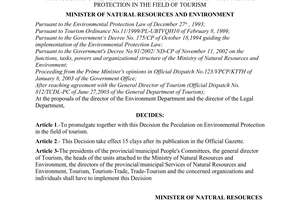 Decision No. 02/2003/QD-BTNMT of July 29, 2003, promulgating the regulation on regulation on environmental protection in the field of tourism