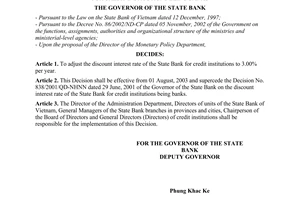 Decision No. 832/2003/QD-NHNN of July 30, 2003, on the adjustment of the discount interest rate of the State Bank for credit institutions being banks
