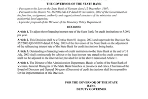 Decision No. 833/2003/QD-NHNN of July 30, 2003, on the adjustment of the refinancing interest rate of the State Bank for credit institutions being banks