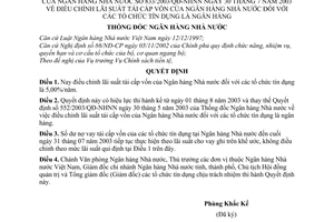 Quyết định 833/2003/QĐ-NHNN điều chỉnh lãi suất tái cấp vốn Ngân hàng Nhà nước đối với tổ chức tín dụng là ngân hàng