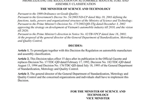 Decision No. 20/2003/QD-BKHCN of July 31, 2003, promulgating the regulation on automobile manufacture and assembly classification