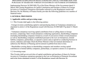 Circular No. 73/2003/TT-BTC of July 31, 2003, providing guidelines on regulations on capital contribution and purchase of shares by foreign investors in Vietnamese enterprises.