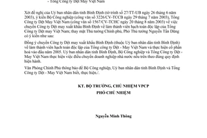 Công văn 4245/VPCP-ĐMDN chuyển công ty Dệt may xuất khẩu Bình Định về làm thành viên của TCT Dệt may Việt Nam