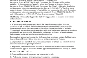 Circular No. 76/2003/TT-BTC of August 4, 2003, providing guidelines on insurance in investment and construction.