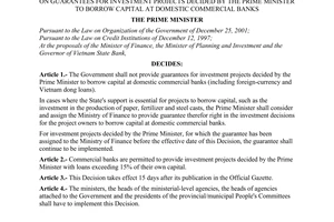 Decision No. 162/2003/QD-TTg of August 05, 2003, on guarantees for investment projects decided by the Prime Minister to borrow capital at Domestic Commercial Banks