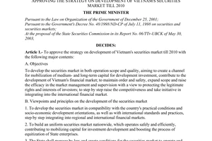 Decision No. 163/2003/QD-TTg of August 05, 2003, approving the strategy on development of Vietnam's securities market till 2010