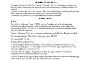 Decision No. 17/2003/QD-BTS of August 05, 2003, regarding the functions, duties, authorities and organizational structure of The Fisheries Informatic Center