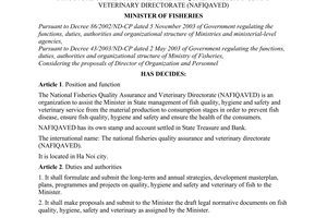 Decision No. 07/2003/QD-BTS of August 05, 2003, regarding the functions, duties, authorities and organizational structure of the National Fisheries Quality Assurance and Veterinary Directorate (NAFIQAVED)