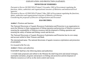 Decision No. 08/2003/QD-BTS of August 05, 2003, regarding the functions, duties, authorities and organizational structure of the National Directorate of Aquatic Resources Exploitation and Protection (NADAREP)